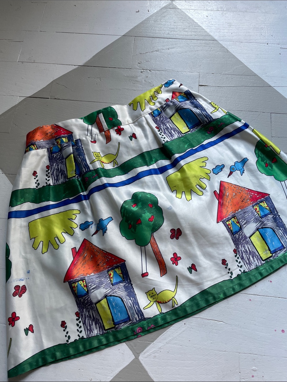 Playful Illustrated House Print Silk Skirt